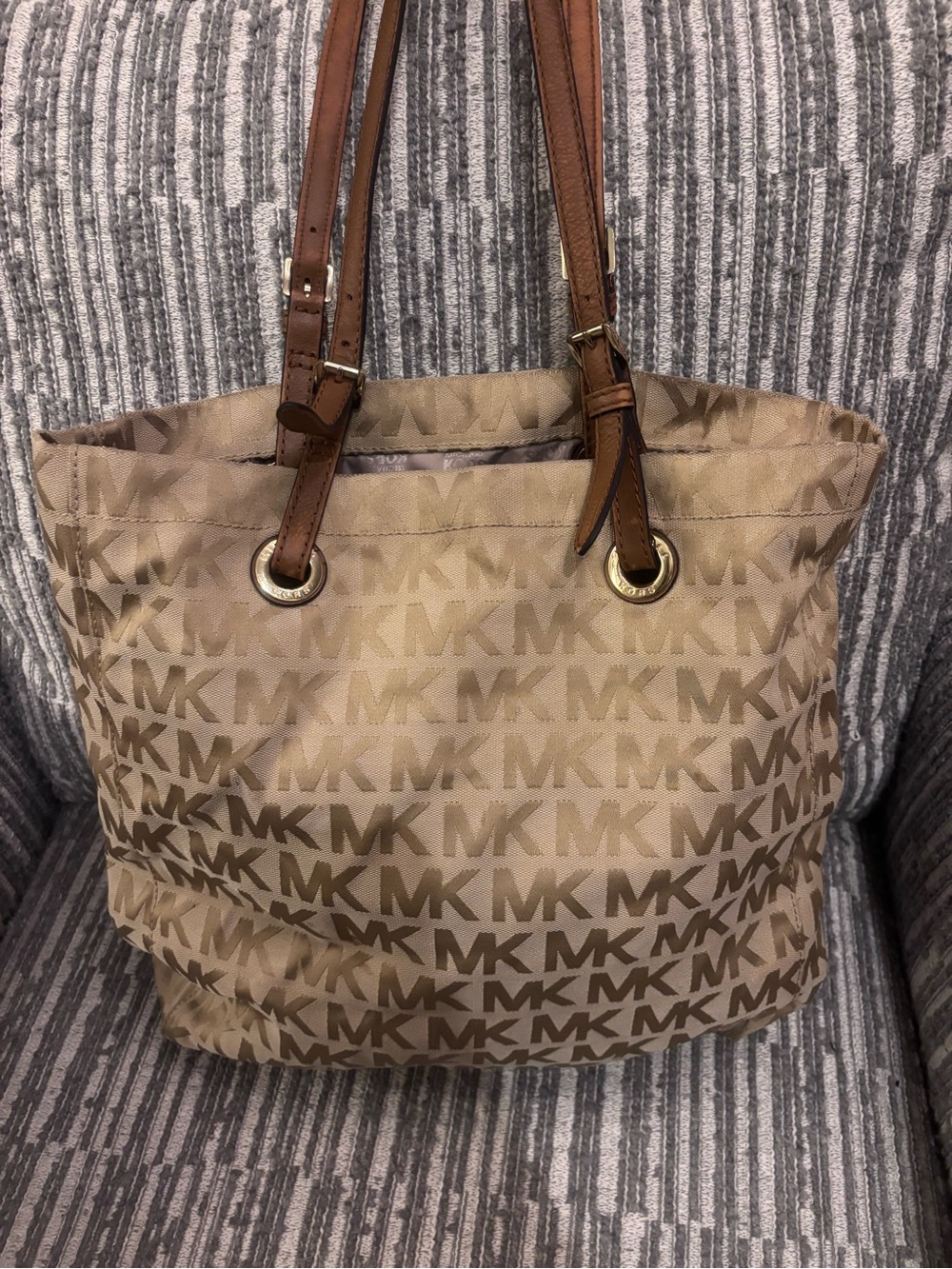 Michael Kors Tan Logo Tote with Brown Leather Straps